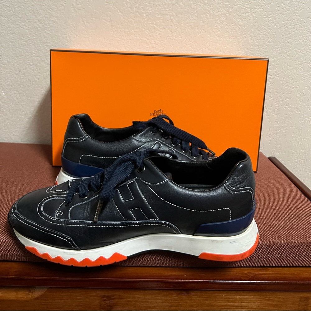 HERMES PARIS Trail Icon Style Sneaker in Calfskin Blue Marine Size 39.5